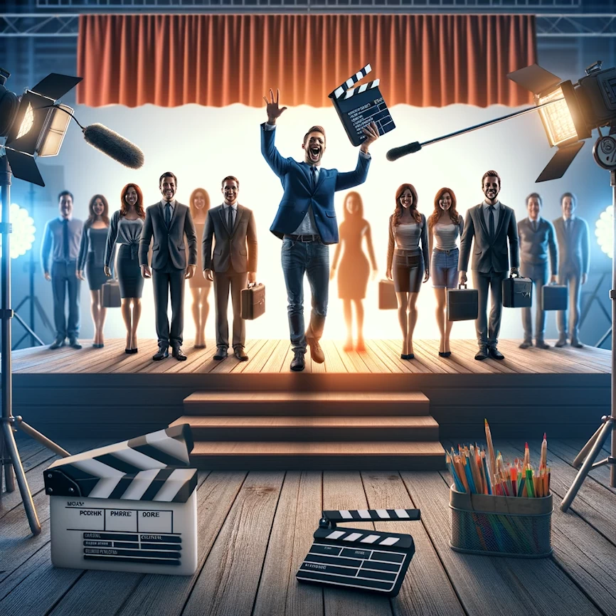 Un réalisateur sur un plateau de tournage dirigeant des acteurs qui représentent différents personas clients dans une stratégie de marketing.